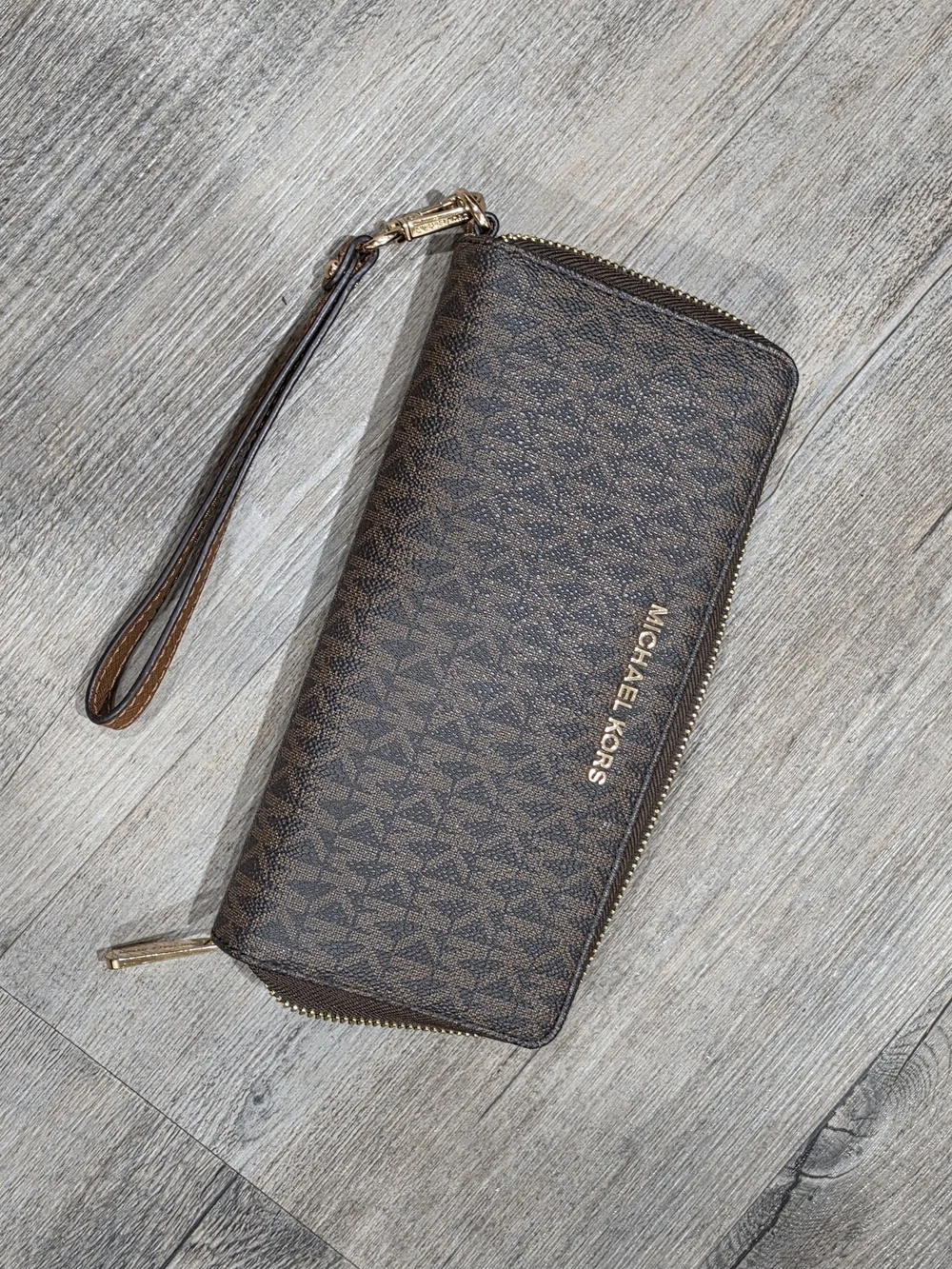 Michael Kors Brown Leather Zip Wallet with Gold Hardware Wristlet